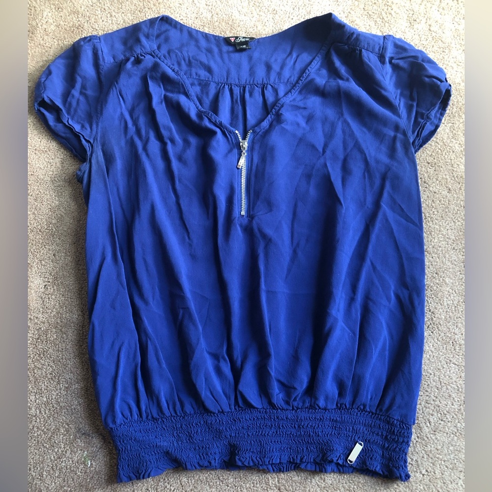 Guess Royal Blue Short Sleeve Zip-Front Blouse sz small